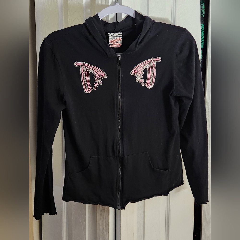 Light weight hoodie, size large but it runs small. Fiits more like a medium